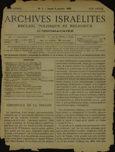 Archives israélites de France. Vol.42 N°01 (06 janv. 1881)